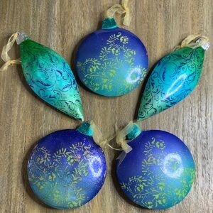 Blue and Green Metal Painted Holiday Ornaments Set